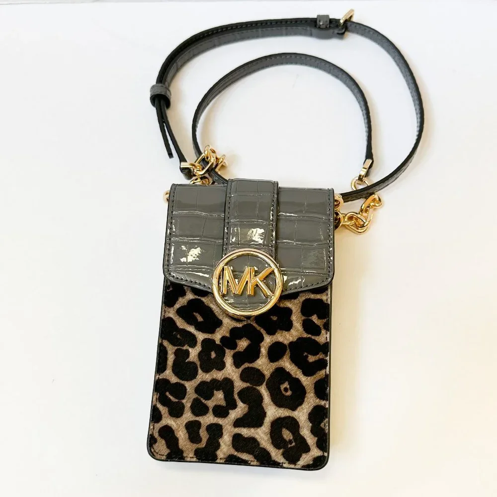 Michael Kors Gray Croc-Embossed & Leopard Phone Crossbody, like new, no tags